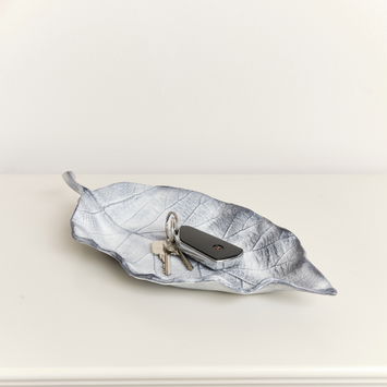 Large Antique Grey Bay Leaf Shaped Trinket Tray - 36cm