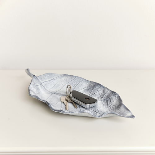 Large Antique Grey Bay Leaf Shaped Trinket Tray - 36cm