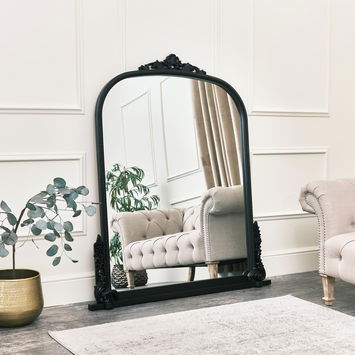 Large Arch Black Ornate Overmantle Mirror - 152cm x 128cm