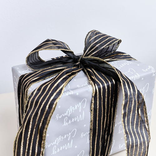 Large Black & Gold Striped Ribbon Christmas Garland - 270cm