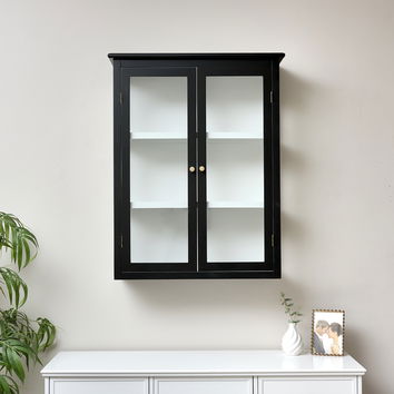 Large Black & White Glass Fronted Wall Cabinet 90cm x 70cm