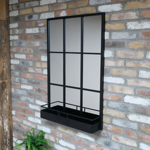 Large Black Window Wall Mirror With Shelf