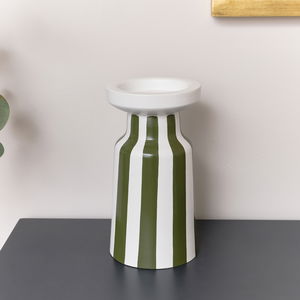 Large Dark Green Striped Pillar Candle Holder - 28cm        