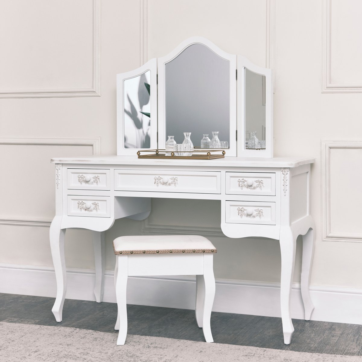 Large Double Wardrobe, Dressing Table Set & Pair of 3 Drawer Bedside Tables - Pays Blanc Range 