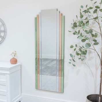 Large Frameless Pink & Green Glass Art Deco Wall Mirror 52cm x 142cm