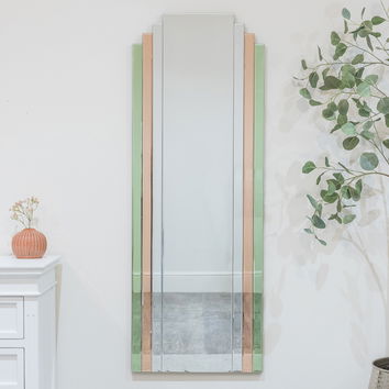 Large Frameless Pink & Green Glass Art Deco Wall Mirror 52cm x 142cm