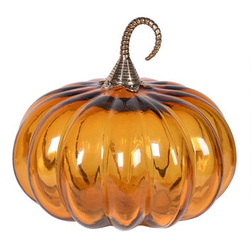 Large Glass Amber Pumpkin with Gold Stem Ornament