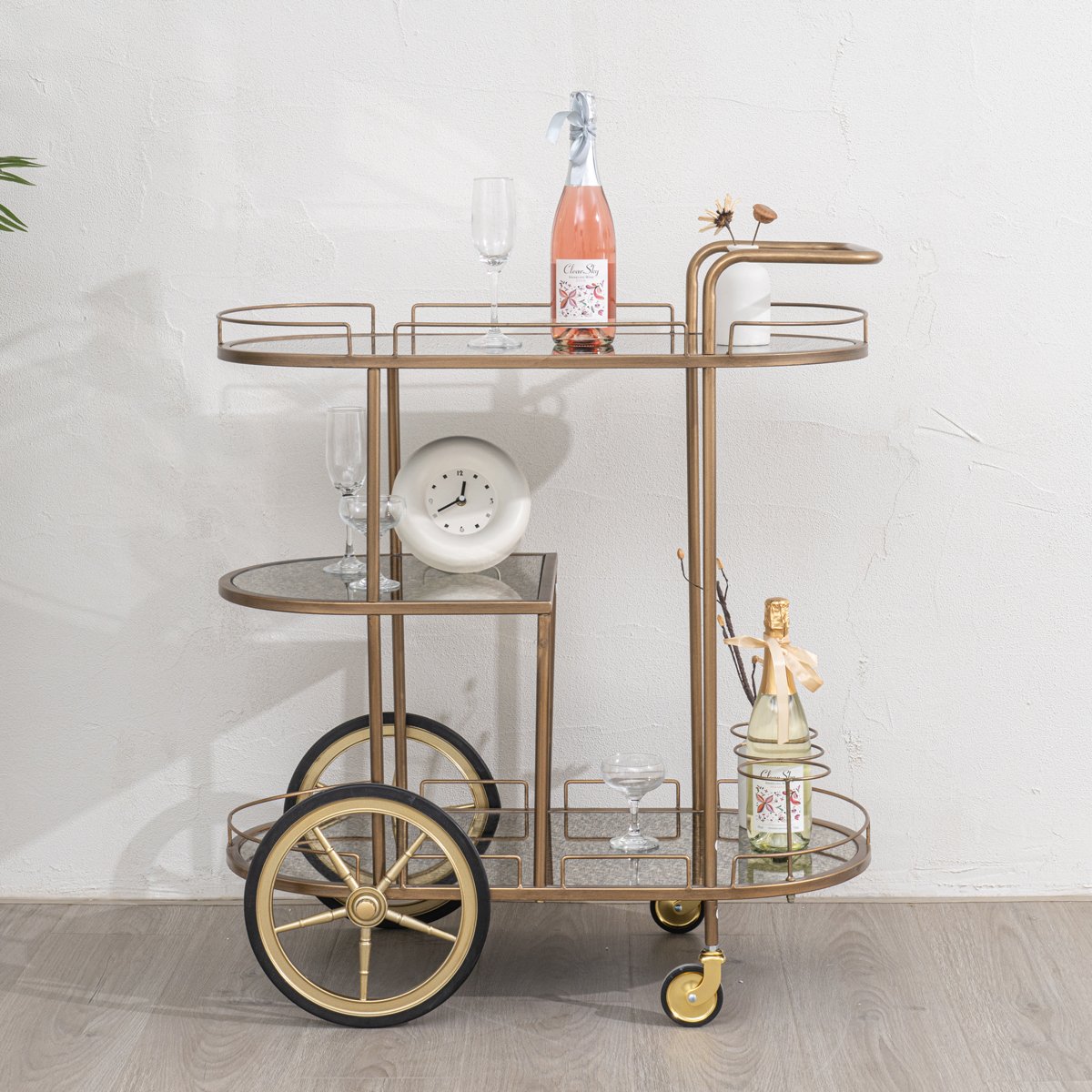 Large Gold Antique Glass Oval Drinks Trolley With Wheels