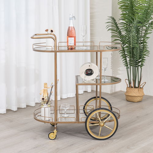 Large Gold Antique Glass Oval Drinks Trolley With Wheels