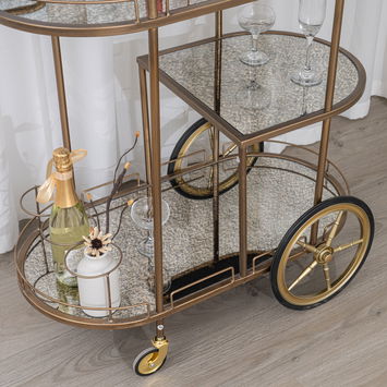 Large Gold Antique Glass Oval Drinks Trolley With Wheels