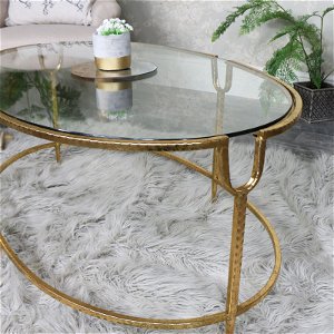 Large Gold Oval Glass Topped Coffee Table