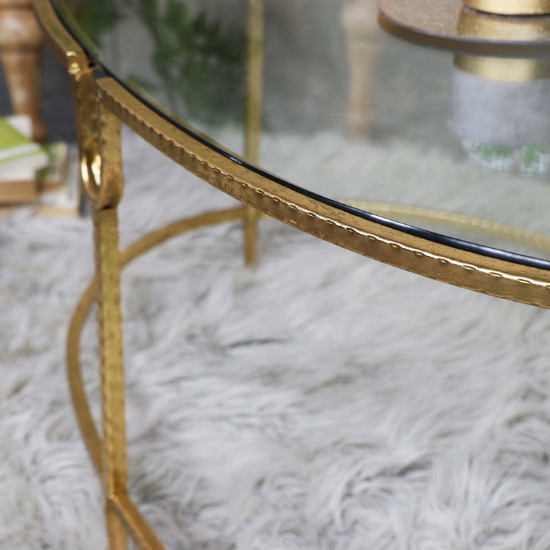Large Gold Oval Glass Topped Coffee Table
