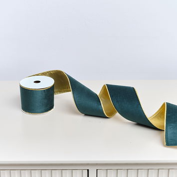 Large Green & Gold Velvet Wired Ribbon Garland - 270cm