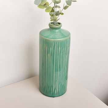 Large Green Lined Stoneware Vase - 33cm