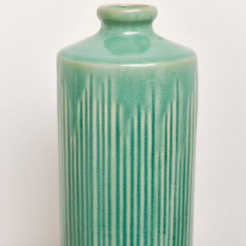 Large Green Lined Stoneware Vase - 33cm