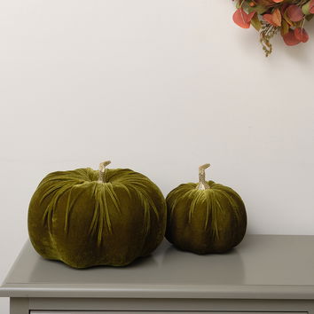 Large Olive Green & Gold Velvet Pumpkin Ornament - 25cm