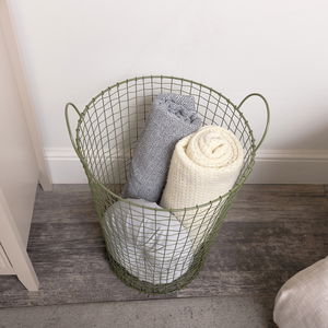 Large Olive Green Metal Wire Storage / Laundry Basket