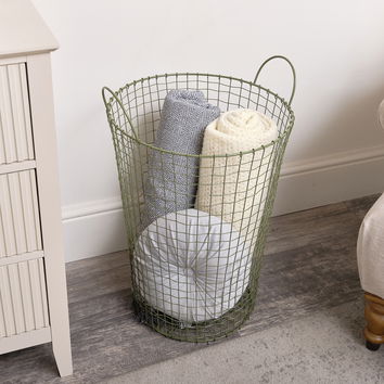 Large Olive Green Metal Wire Storage / Laundry Basket