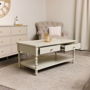 Large Pale Taupe Bobbin Bobble 2 Drawer Coffee Table