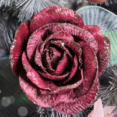 Large Pink Velvet Glitter Rose Clip Christmas Decoration - 14cm