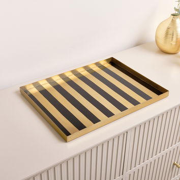 Large Rectangle Black & Gold Striped Metal Tray