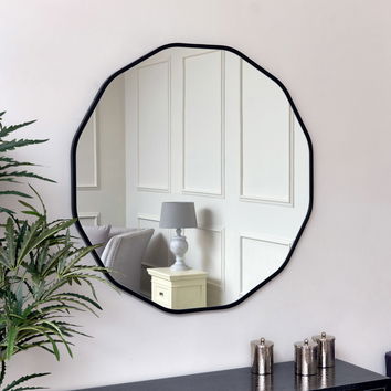 Large Round Black Scalloped Wall Mirror 90cm x 90cm