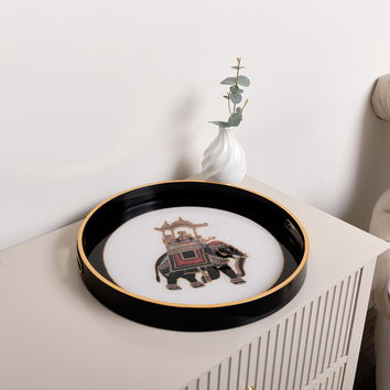 Large Round Black, White & Gold Elephant Serving Tray