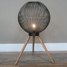 Large Round Black & Wooden Metal Wire Freestanding Lamp 65cm x 46cm