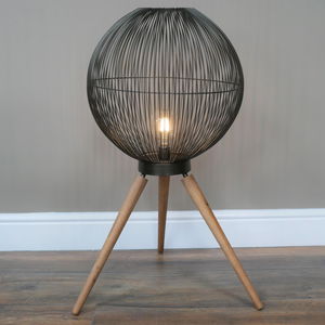 Large Round Black & Wooden Metal Wire Freestanding Lamp 65cm x 46cm