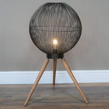 Large Round Black & Wooden Metal Wire Freestanding Lamp 65cm x 46cm