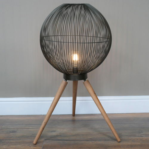 Large Round Black & Wooden Metal Wire Freestanding Lamp 65cm x 46cm