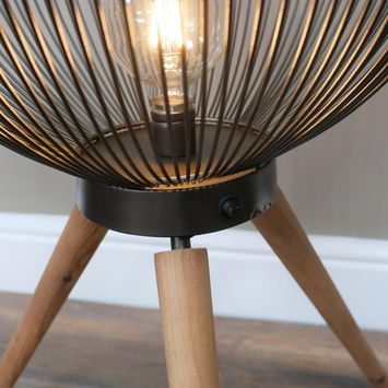 Large Round Black & Wooden Metal Wire Freestanding Lamp 65cm x 46cm