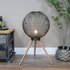 Large Round Black & Wooden Metal Wire Freestanding Lamp 65cm x 46cm