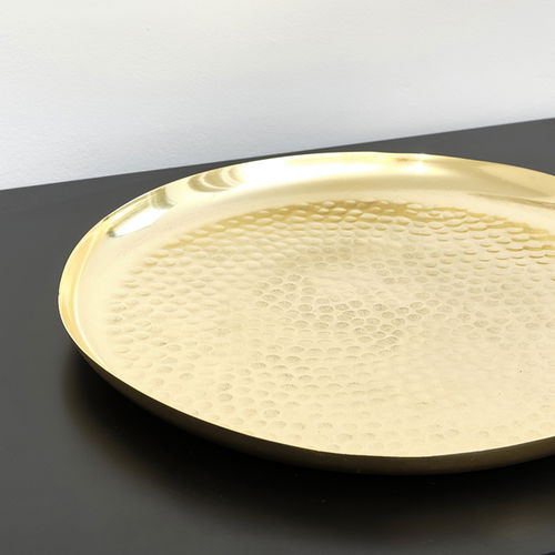 Large Round Gold Hammered Metal Tray