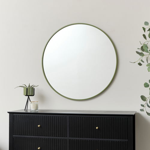 Large Round Olive Green Thin Framed Wall Mirror 80cm x 80cm