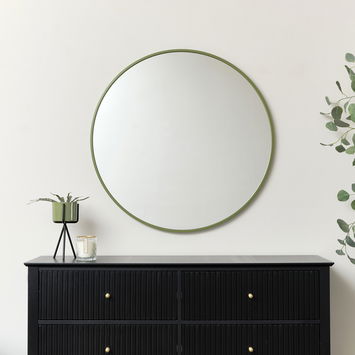 Large Round Olive Green Thin Framed Wall Mirror 80cm x 80cm