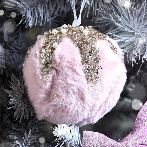 Large Round Pink Fur Sequined Christmas Tree Bauble - 11cm