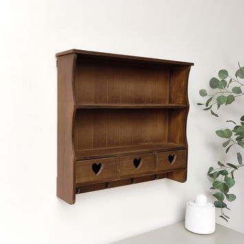 Large Rustic Dark Wood Wall Shelving Unit with Heart Drawers & Storage Hooks