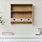 Large Rustic Wooden Wall Shelving Unit with Heart Drawers & Storage Hooks