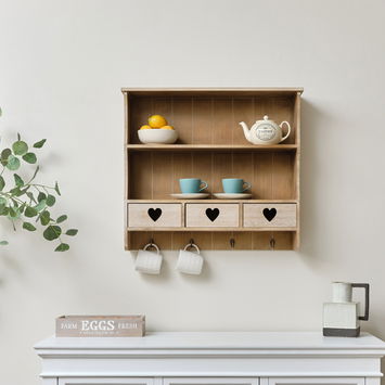 Large Rustic Wooden Wall Shelving Unit with Heart Drawers & Storage Hooks