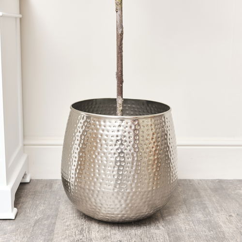 Large Silver Hammered Metal Planter