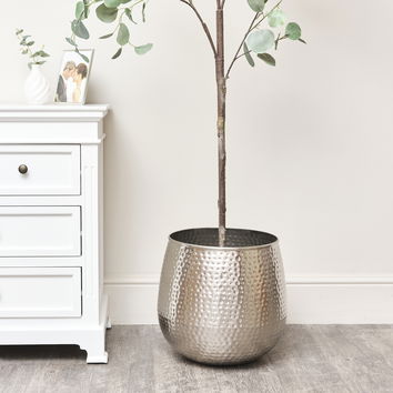 Large Silver Hammered Metal Planter