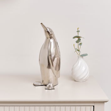 Large Silver Metal Penguin Ornament - 29cm 