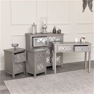 Large Silver Mirrored Lattice Chest of Drawers, Console / Dressing Table & Pair of Bedside Tables - Sabrina Silver Range