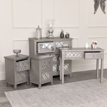  Large Silver Mirrored Chest of Drawers, Console / Dressing Table & Pair of Bedside Tables - Sabrina Silver Range