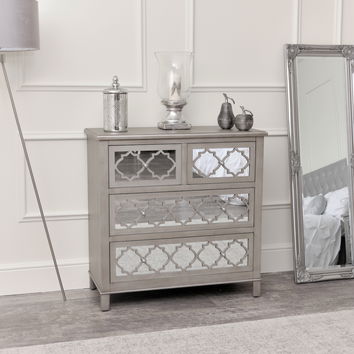  Large Silver Mirrored Chest of Drawers, Console / Dressing Table & Pair of Bedside Tables - Sabrina Silver Range