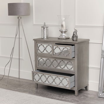  Large Silver Mirrored Chest of Drawers, Console / Dressing Table & Pair of Bedside Tables - Sabrina Silver Range