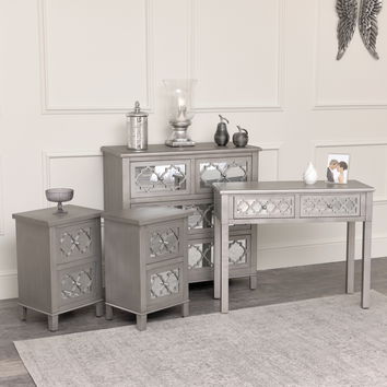  Large Silver Mirrored Chest of Drawers, Console / Dressing Table & Pair of Bedside Tables - Sabrina Silver Range