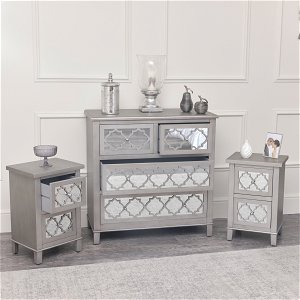 Large Silver Mirrored Lattice Chest of Drawers & Pair of Bedside Tables - Sabrina Silver Range