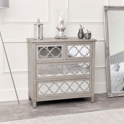 Large Silver Mirrored Lattice Chest of Drawers - Sabrina Silver Range